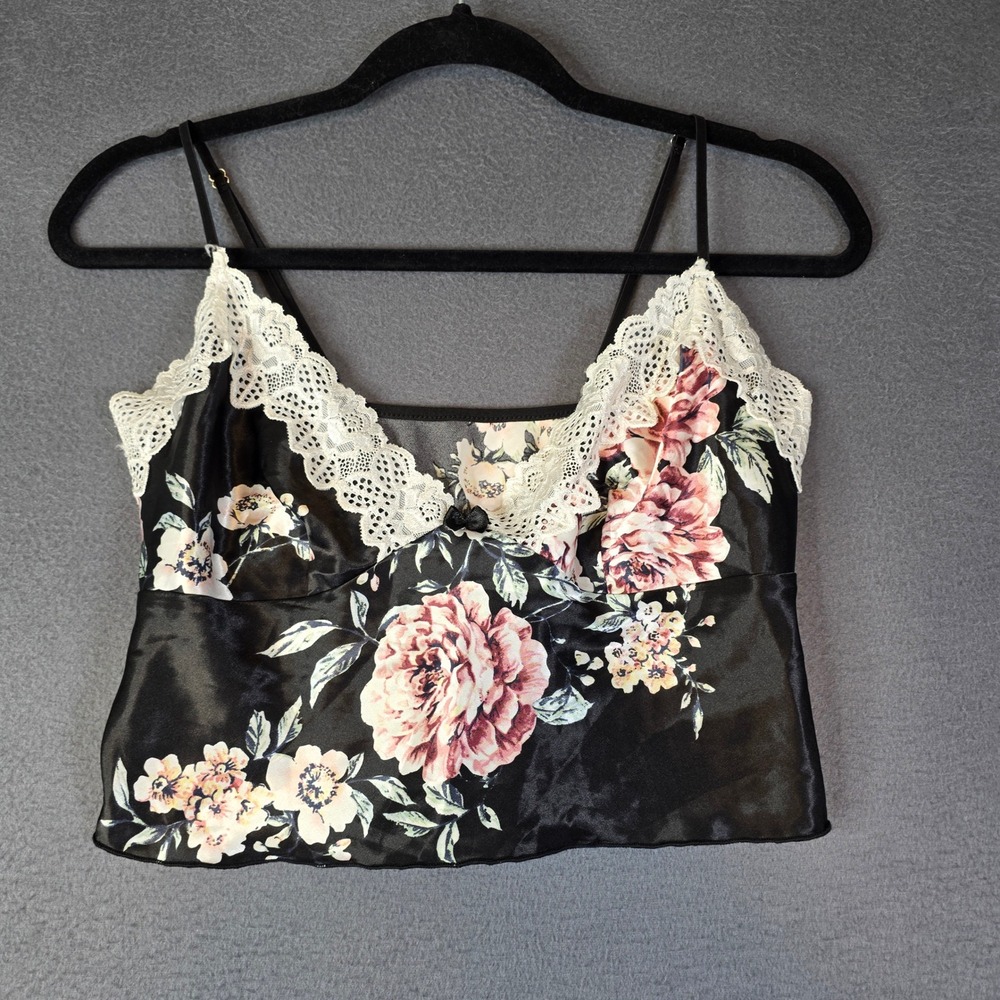 Cami Lingerie Top Womens Black Floral Lace Crop Satin Finish Coquette Whimsigoth